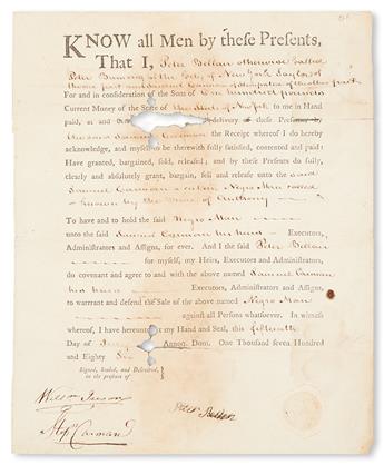 (SLAVERY AND ABOLITION.) NEW YORK. Slave sale document: Wherein Peter Bellen of the City of New York sells a Negro man named Anthony t